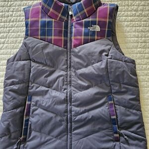 The North Face Purple and Gray Plaid Vest Down Puffer 550